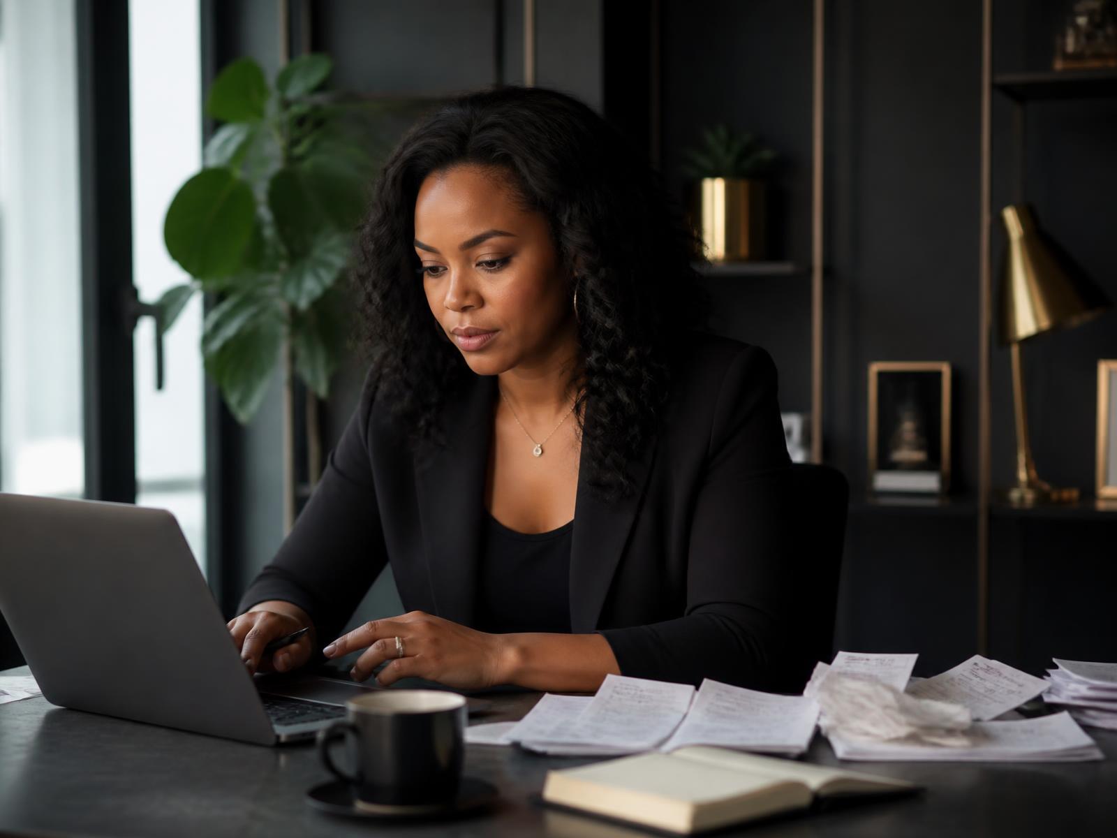 A founder reviewing her company's finances at a desk with receipts and a laptop